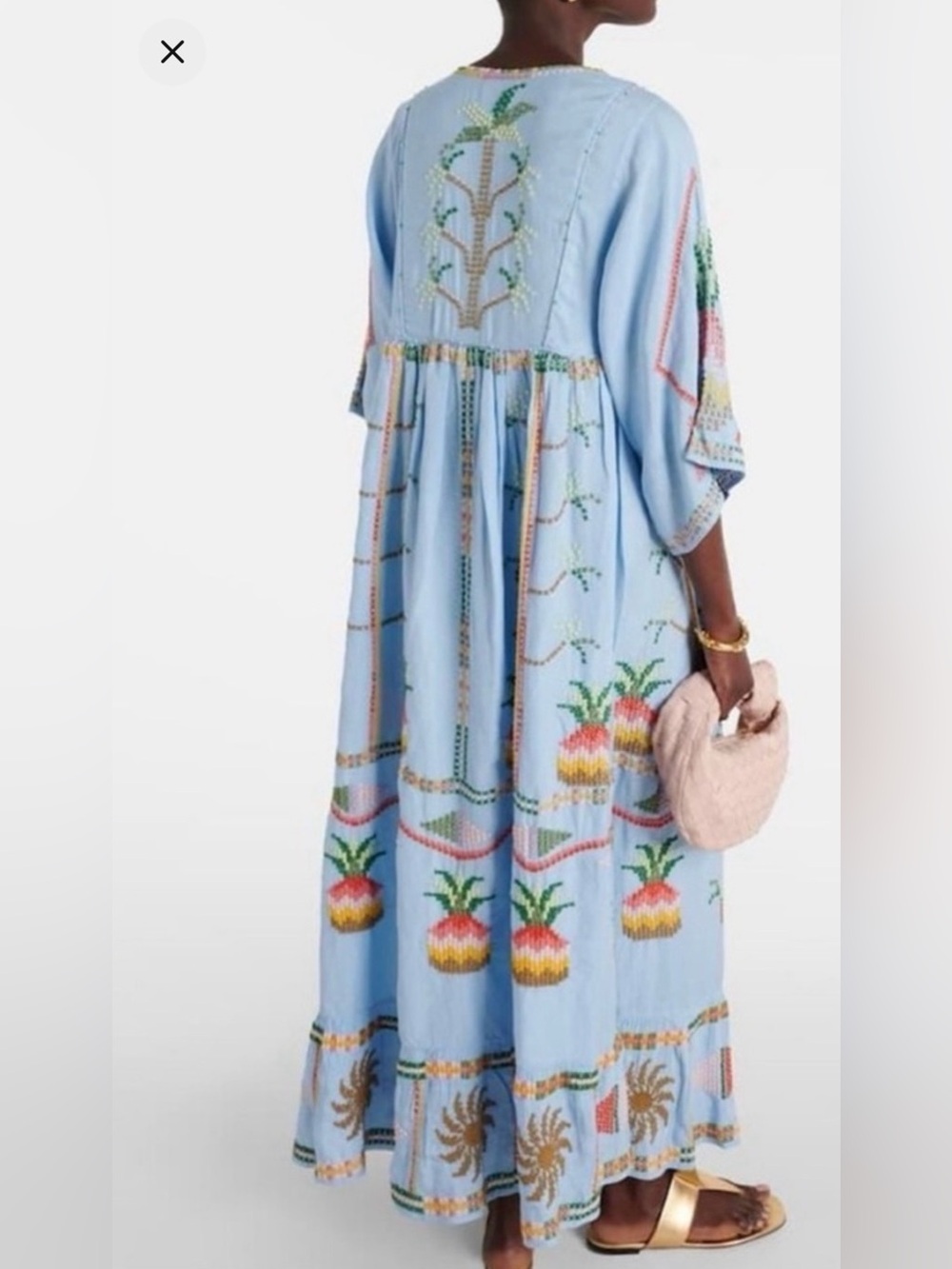 NEW FARM Rio Embroidered Pineapple Maxi Dress Beaded Tassel Linen Blue Size XS